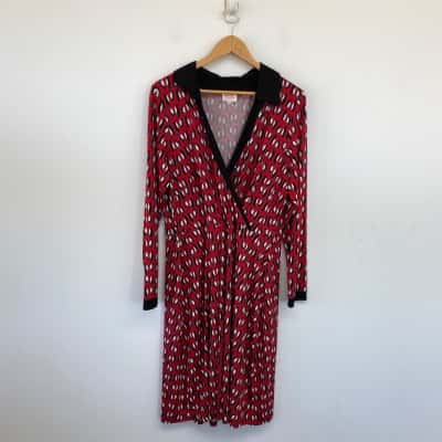 Leona Edmiston Black Red Pinguine Print Long Sleeve Midi Dress  Size 5 