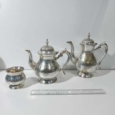 India Vintage Silver Plated Tea Set - Teapot, Coffee Pot, and Sugar Bowl 