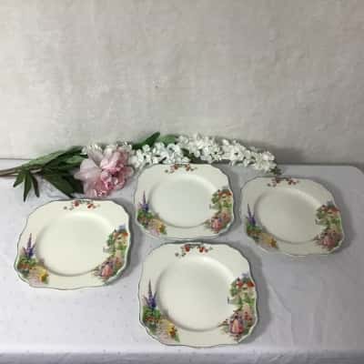 Vintage J & G Meakin "June" Crinoline Lady in Garden Set of 4 Square Plates