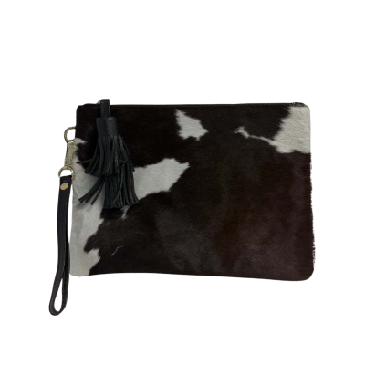 Carolina Cowhide Leather Clutch w/ Tassel Details (Animal print / Black  / White)
