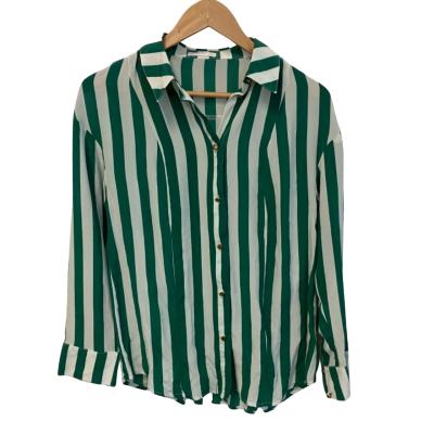 Kookai Silk Womens  Size XS Button Up Top / Long Sleeve Top Green / Striped / White 