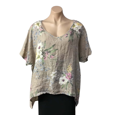 Cali & Co Womens Size XXL Beige / Multicoloured Floral Linen Short Sleeve Top