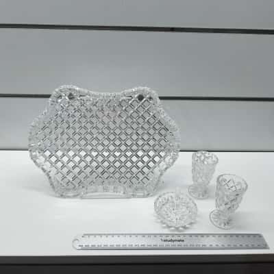 Vintage Diamond-Cut Pressed Glass Vanity Tray, Ring Holder, and Pedestal Goblet Set (4 Pieces)