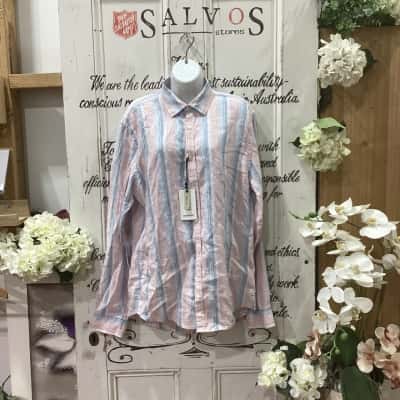 INDUSTRIE BRAND! Mens  Size S Long Sleeve Shirt Multicoloured / Striped! BNWT! MADE WITH 100% LINEN! BEAUTIFUL STRIPED DESIGN FEATURING BLUES, YELLOW, PINK AND ORANGE! GREAT FOR A CASUAL DAY OUT OR A NIGHT OUT! 