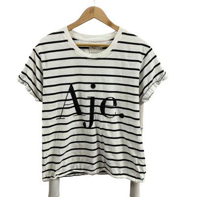 AJE Womens  Size M Classic Embellished Logo Tee Black/White Stripe