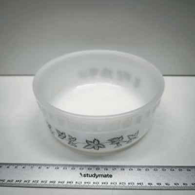 Vintage Crown Pyrex Australia White Opal Milk Glass Bowl Grey Leaf Vine