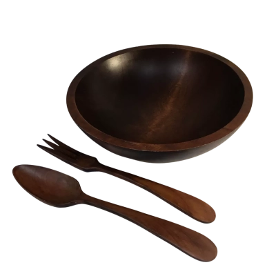 Vintage Wooden Bowl and Serving Fork and Spoon Made in Canada
