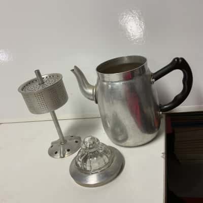 Vintage aluminium coffee pot percolator with plastic handle and glass knob on lid