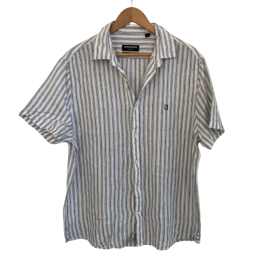 Country Road Mens Linen Size XL Short Sleeve Shirt Black  / Pinstriped / White 