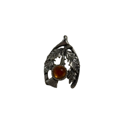 Vintage Scottish Silver Thistle and Orange Glass Brooch / Pin