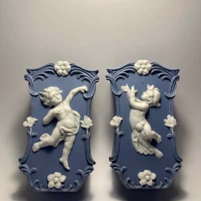 Vintage Blue Jasper Ware Cherub Wall Pockets