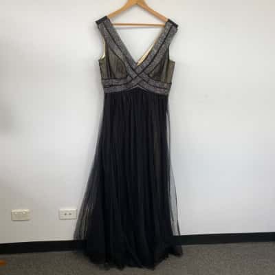 Gerry Shaw Black Silver Embellished Tulle Sleeveless Evening Maxi Dress Size 16 