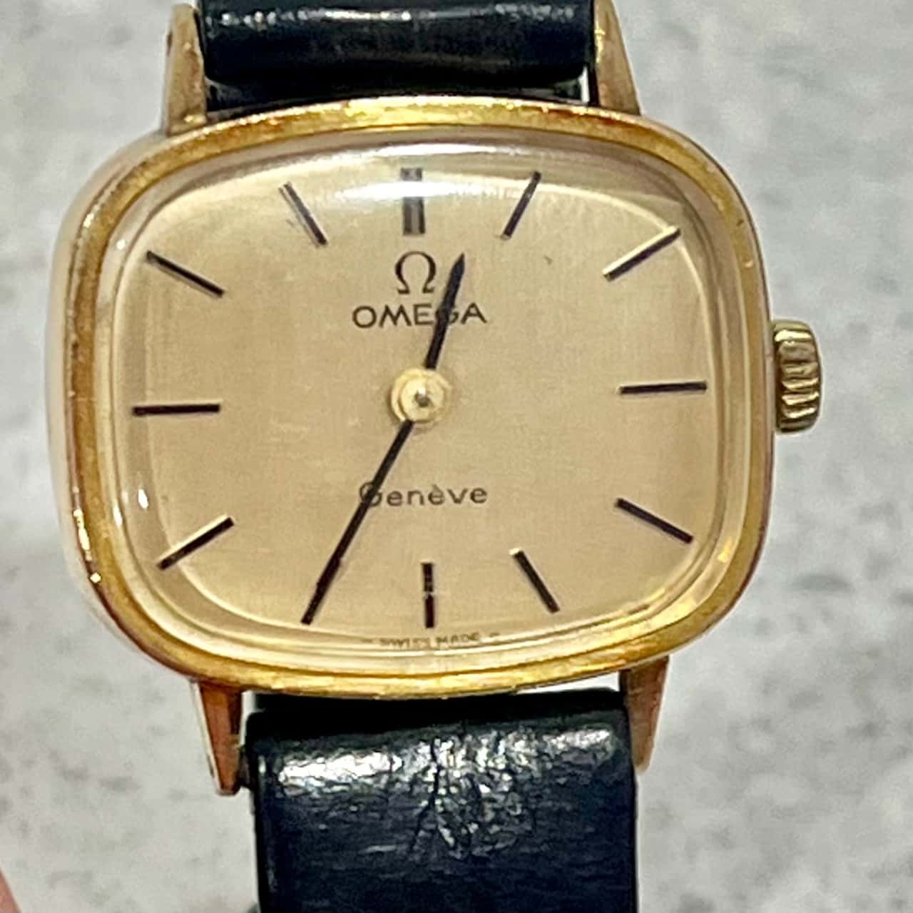 Omega Geneve Swiss Watch- black leather watch band(s)