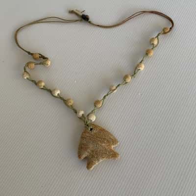 Boho Hand Carved Fossil Coral Fish Necklace