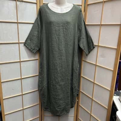 Made In Italy Women's  Size 20 / 22  100% Linen Casual Dress / Midi Dress Dark Olive 