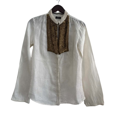  Raser Womens Gold Sequins High Band Collar Button up Linen Top Size 44 White 