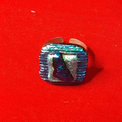 Ladies dichroic glass adjustable ring with iridescent blue tones