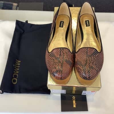In Box Mimco Womens Size 38, AUS 7 Heiress Snake Pattern Leather Shoes Cognac