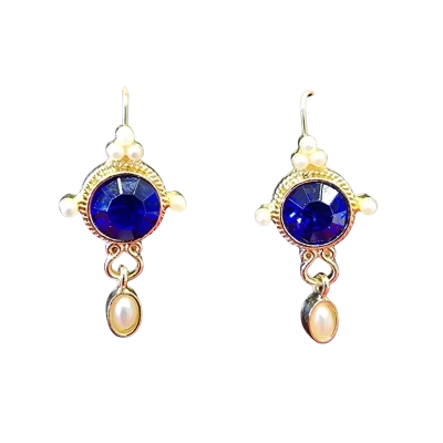  Womens Gold Tone and Deep Blue Glass/Pearl Earrings 