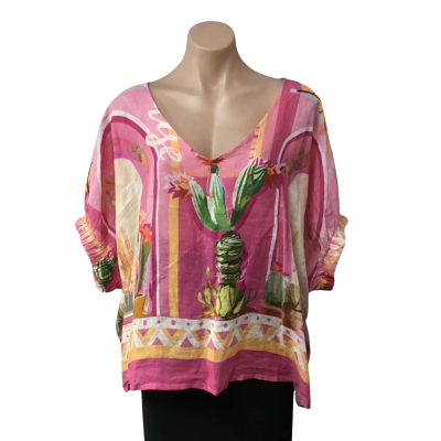Lacassa Womens Size XXL Pink / White / Orange / Green Pattern 100% Linen Short Sleeve Top