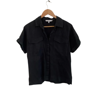 D-Luxe Womens Linen Size XS Button Up Top / Short Sleeve Top Black  