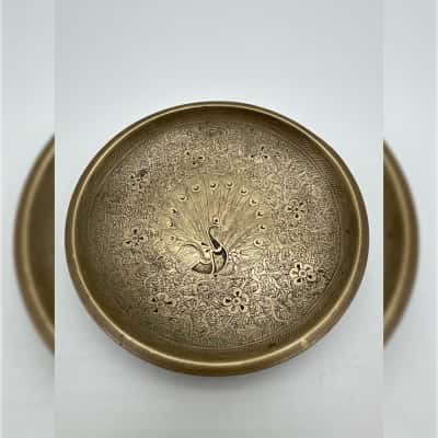 Etched Peacock Brass Trinket Dish 