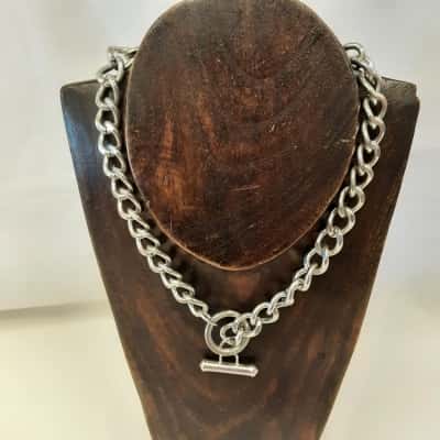 Silvertone chunky fob style curb chain necklace