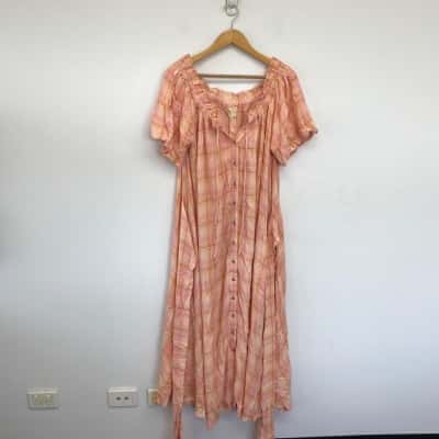 Coven & Co Orange Checked Button Up Short Sleeve Maxi Dress  Size M 