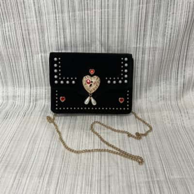 Colette Hayman Gorgeous Black Velveteen, Pearl & Gemstone Evening Bag with Gold Tone Chain Strap 