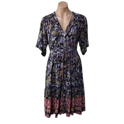 Abel The Label Womens Size XL Navy Blue / Multicoloured Floral Short Sleeve Midi Dress