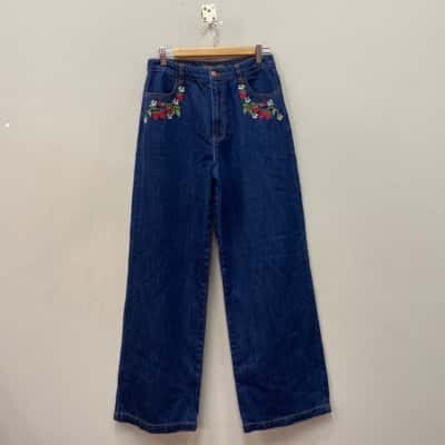 Princess Highway Womens  Size 10 Raspberry Embroidered High-Waisted Jeans / Wide Leg Jeans Blue / Floral 
