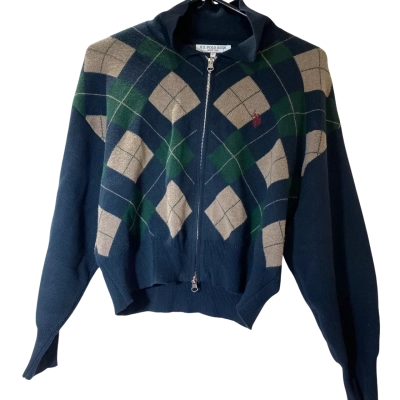  US Polo Assn. sweater features a blue argyle pattern with green and beige diamond