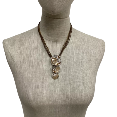  Statement Enamel Multi-tiered Necklace & Earrings Set Brown / Cream / Silver 