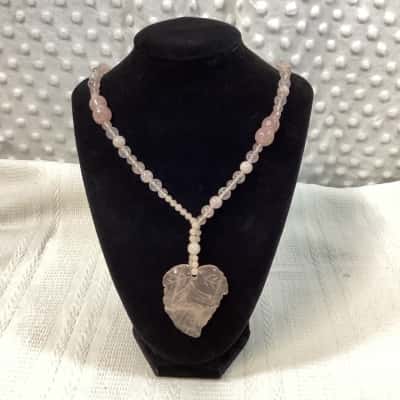 Beaded Rose Quartz Leaf Pendant Necklace
