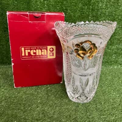Vintage Irena Crystal Glass Vase With Gold Detail (Boxed)