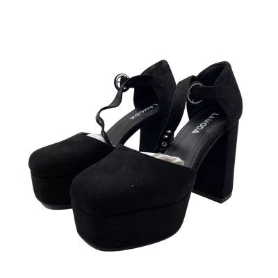  Lamoda Women's  Size 40 / 7 / 9 Chunky Platforms Black  Mary Jane Velvet