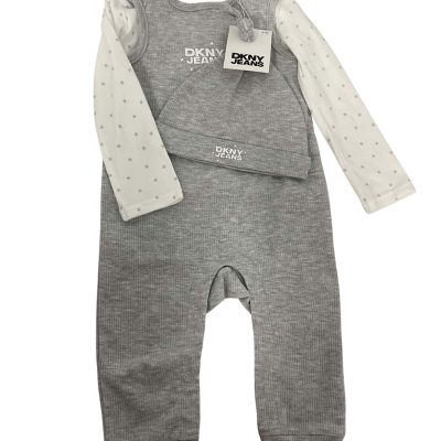 DKNY Jeans Baby 3 Pieces Set  Size 6-12m Overalls Grey 