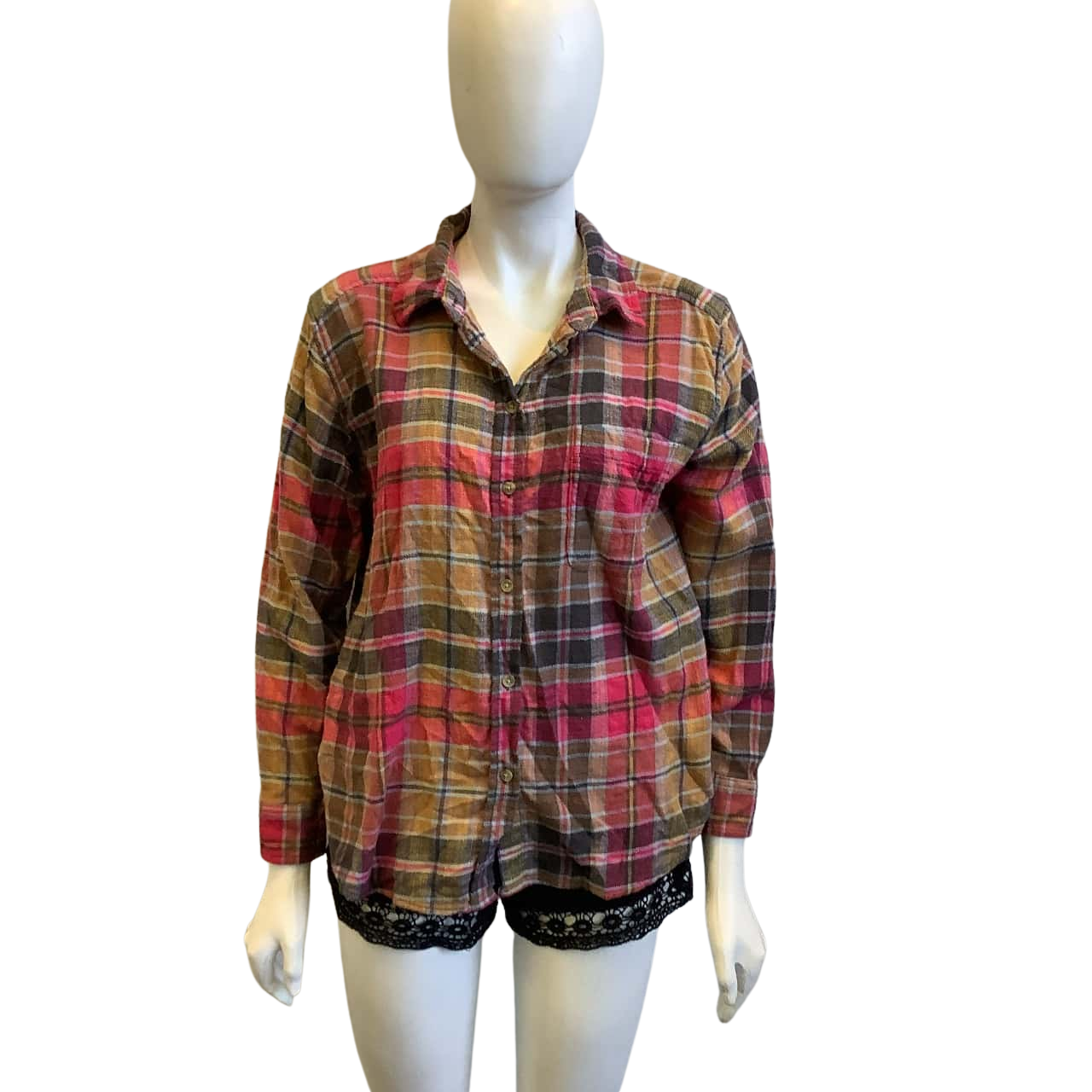 American Eagle Women's Size M Boyfriend Fit Flannel Shirt Pink and