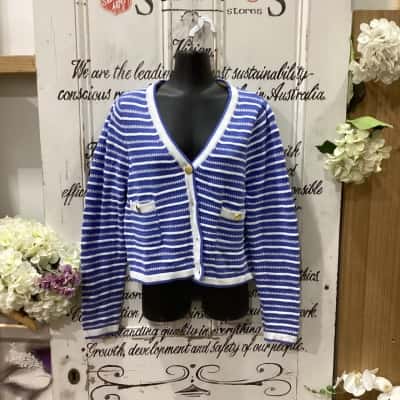 Alessandra Brand! GORGEOUS PREPPY STYLE Womens  Size M Button-down Cardigan / Longline Cardigan Blue / Pattern / White 