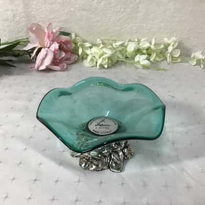 Creazioni Artistiche R. Robean Italian Teal Glass Bowl on Silver Floral Base
