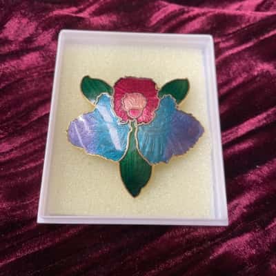 Vintage Cloisonné Enamel Orchid Brooch 