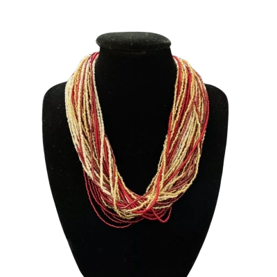  Womens Vintage Glass Beaded Necklace - Cream / Gold / Maroon / Red 