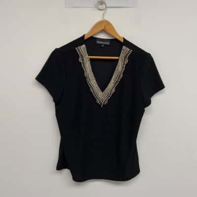Frank Lyman Black Embellished Short Sleeve Top Size 18 