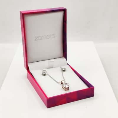 925 Silver Snake Chain (42cm) With Heart Shape Cubic Zirconia Pendant & Matching Studs