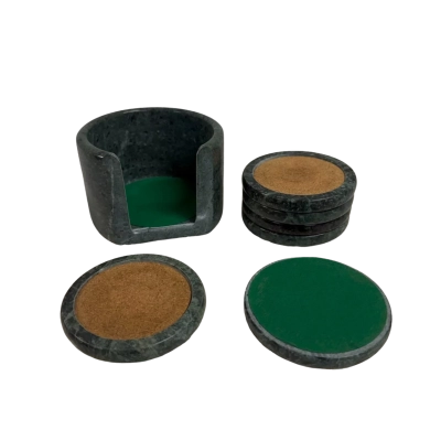 Vintage MCM Green Marble and Cork Coasters - Set of 6 w/ Marble Holder
