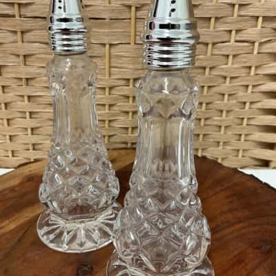 Vintage Pair Ornate Diamond Cut Crystal Salt Pepper Shakers Footed based screw lids Collectable wedding gift birthday Hightea 