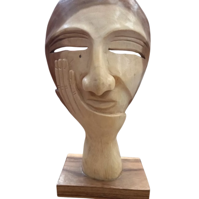 Mask Wood Carving Man In Thought  Sculpture Display Wall Art 