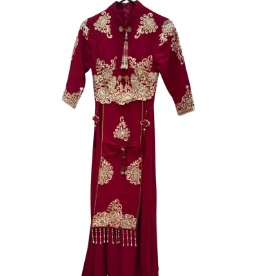 Elegant red Chinese dress embroidery and decorative detailing. Size S / AU 8.