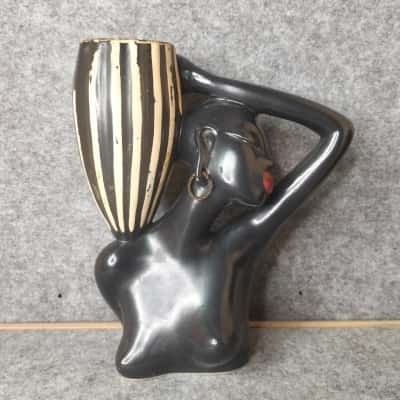 Australia Barsony Black Lady Head Vase in good condition overall, showing some signs of wear to the white stripes on the vase. 22 cms approx. in height.