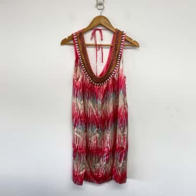 Witchery Pink Pattern Pure Silk Sleeveless Mini Dress  Size L 